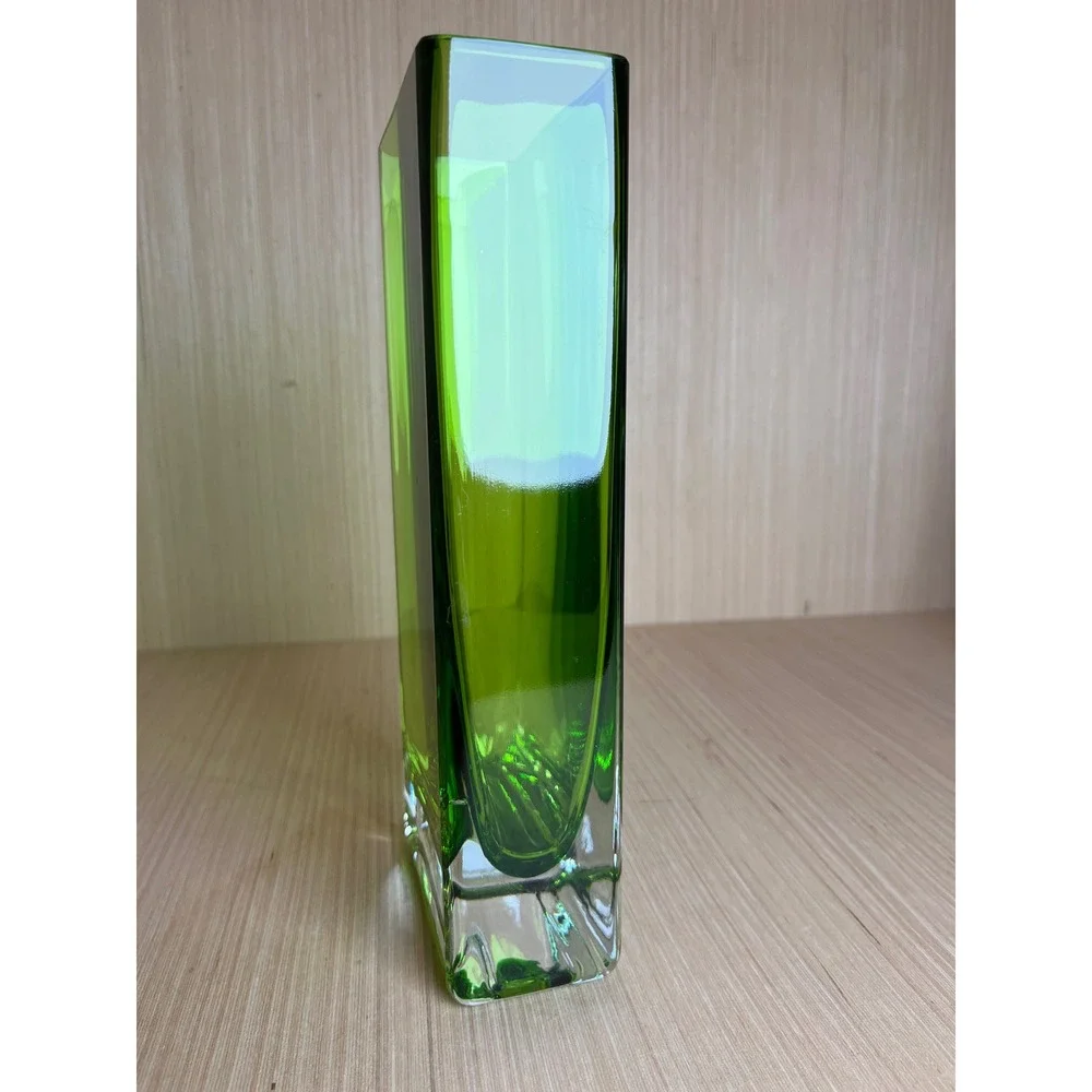 Vintage Emerald Green Glass Rectangular Bud Vase Heavy Clear Base Modernist MCM